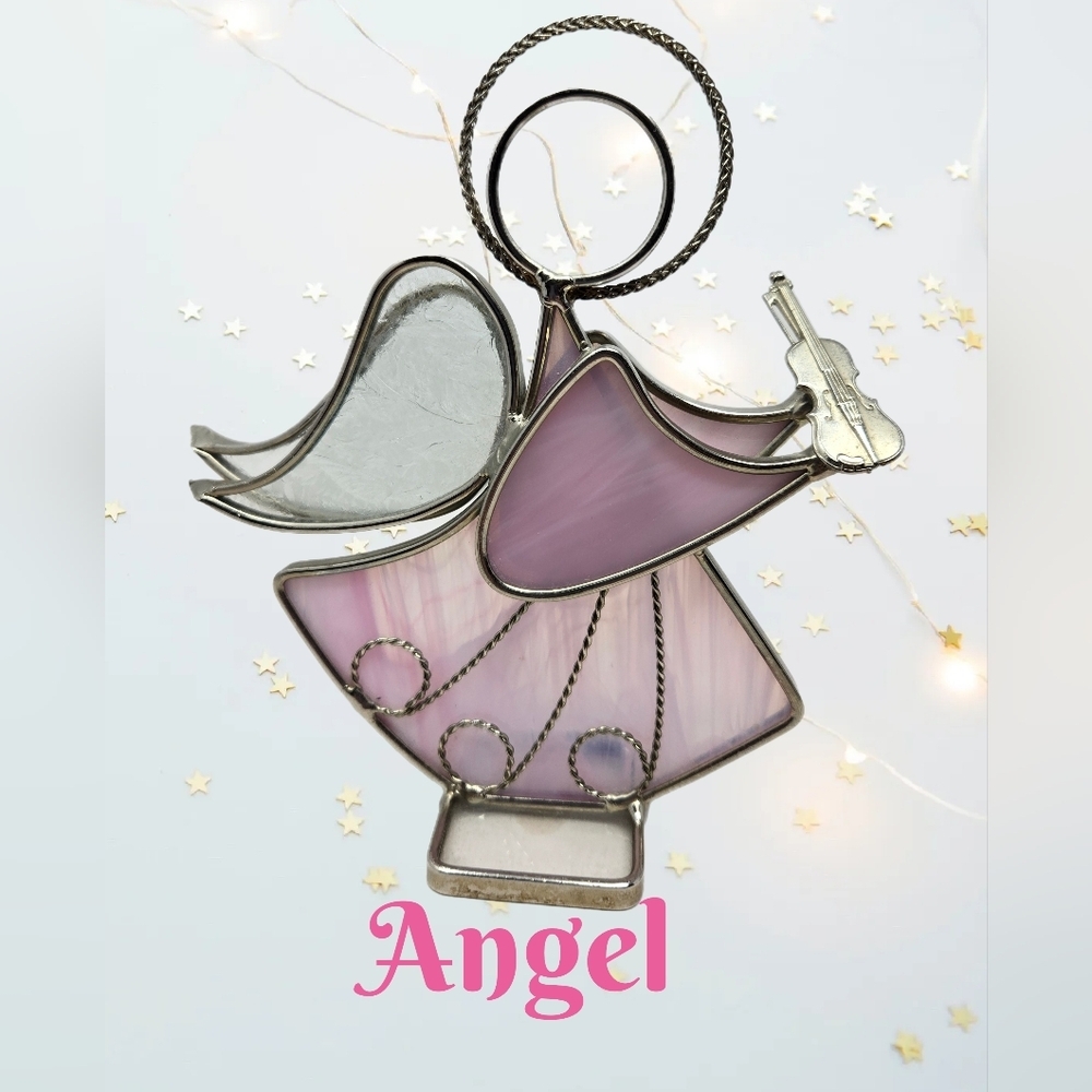 Pink Stain Glass Angel Holding A Violin Metal & Glass Figurine **FLAW**